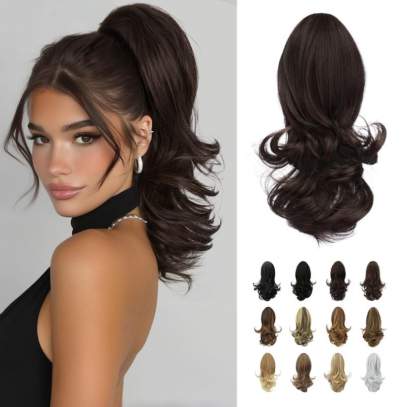 Sofeiyan 13" Ponytail Extension Long Curly Ponytail Clip in Claw Hair Extension Natural Looking Synthetic Hairpiece for Women, Dark Brown & Dark Auburn Mixed - Image 1